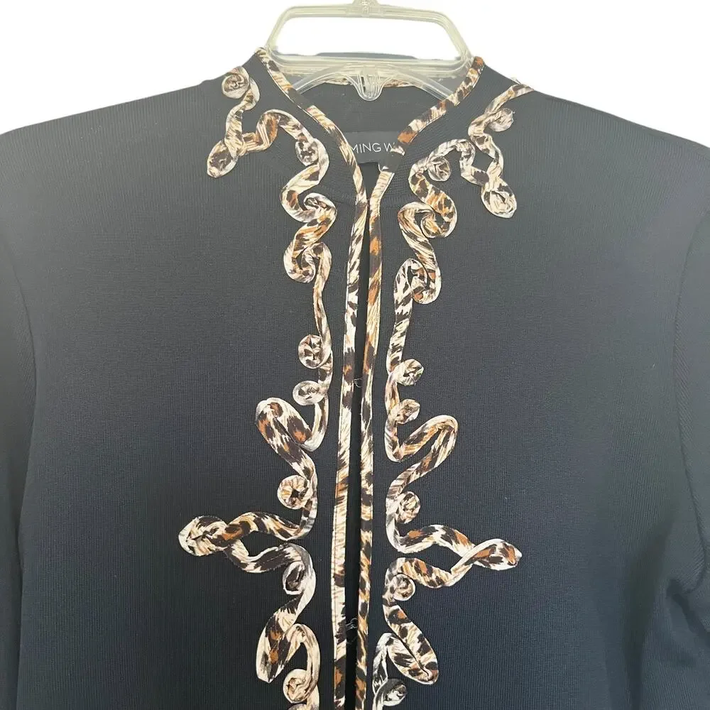 Ming Wang Black Leopard Print Embellished Cardigan Sweater Jacket Size Small
